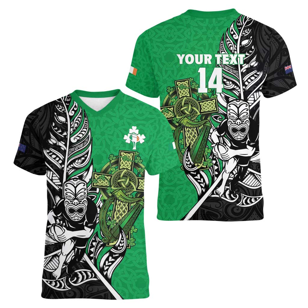 New Zealand and Ireland Rugby Custom Women V-Neck T-Shirt Maori Tiki Fern Irish Celtic Cross LT14 - Polynesian Pride