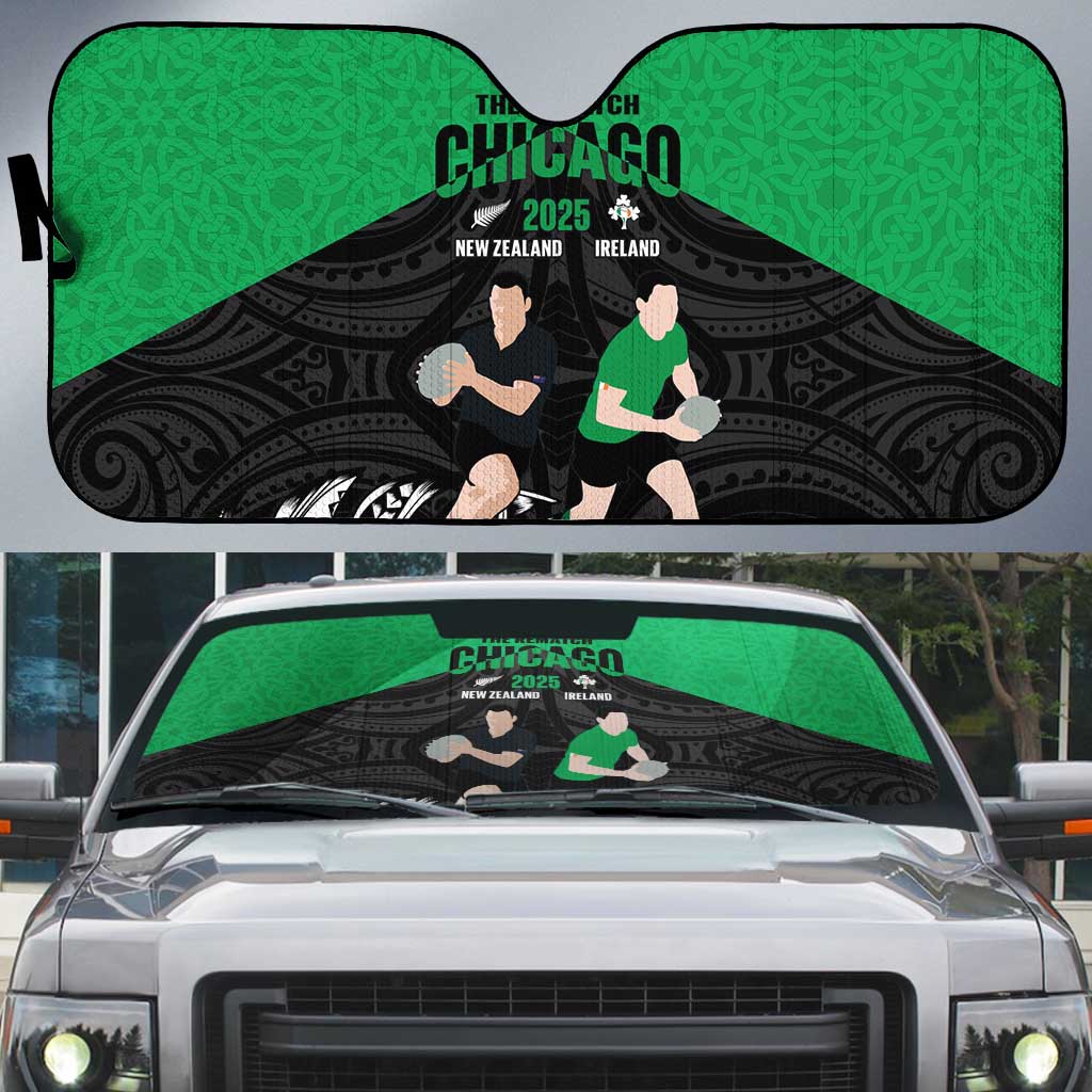 New Zealand and Ireland Rugby Auto Sun Shade Chicago 2025 Go All Black Shamrocks - Polynesian Pride
