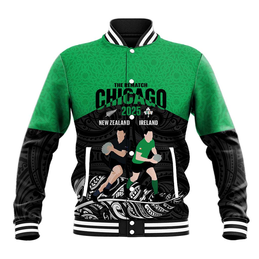 New Zealand and Ireland Rugby Custom Baseball Jacket Chicago 2025 Go All Black Shamrocks - Polynesian Pride