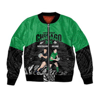 New Zealand and Ireland Rugby Custom Bomber Jacket Chicago 2025 Go All Black Shamrocks LT14 Unisex Black - Polynesian Pride