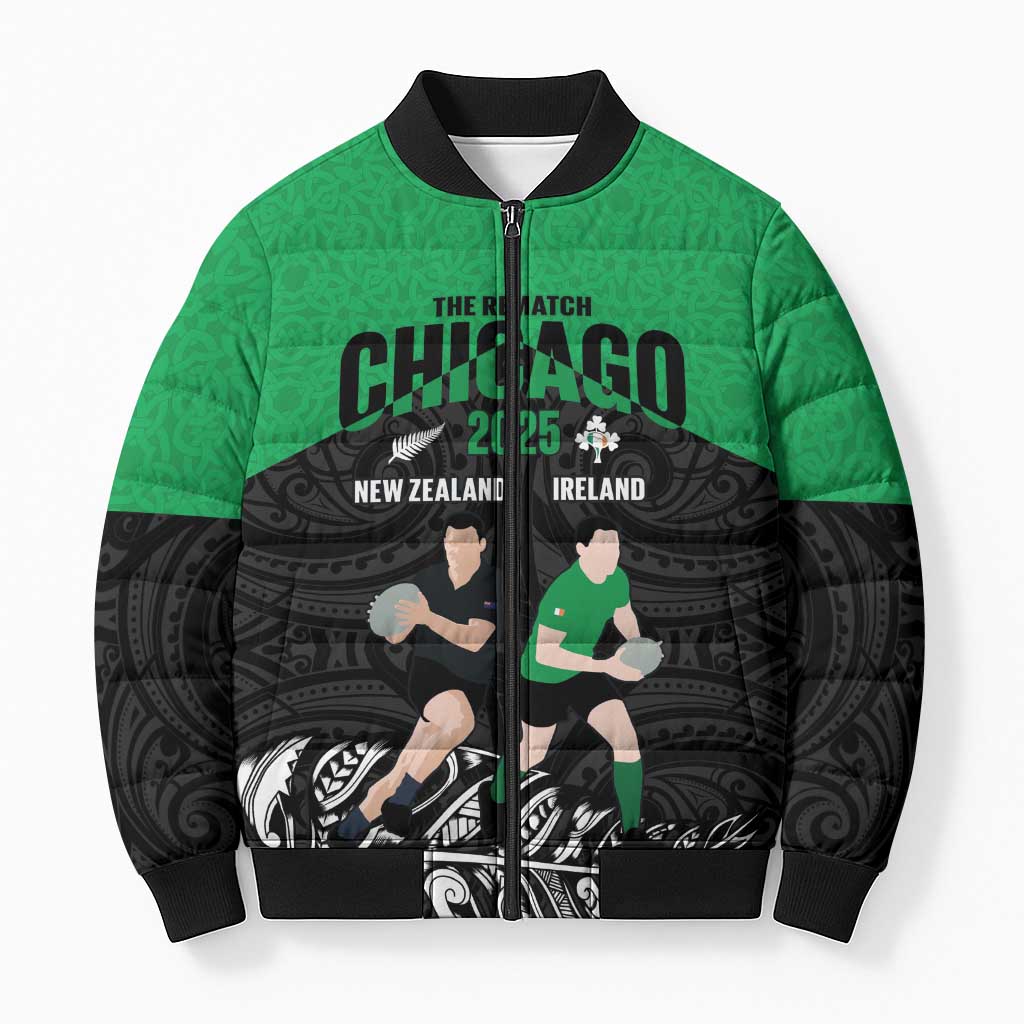 New Zealand and Ireland Rugby Custom Bomber Puffer Jacket Chicago 2025 Go All Black Shamrocks - Polynesian Pride