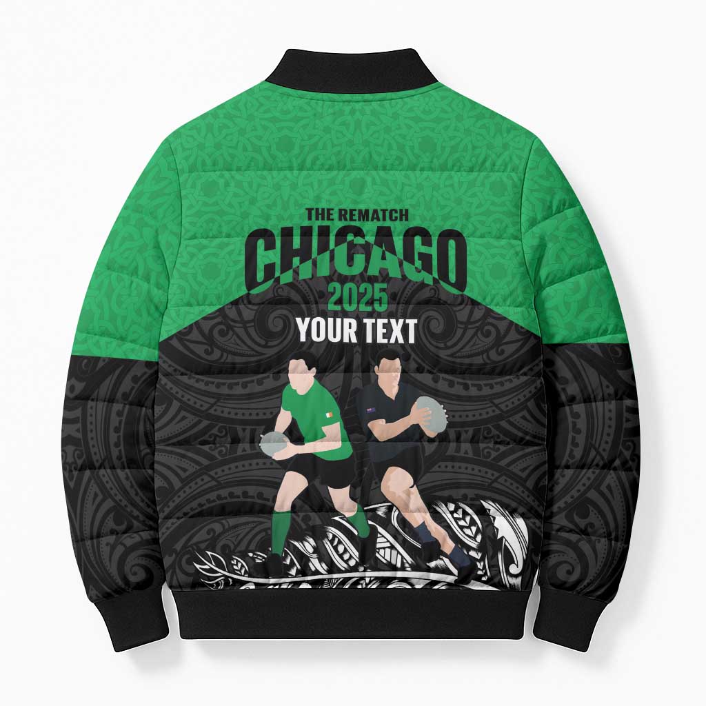 New Zealand and Ireland Rugby Custom Bomber Puffer Jacket Chicago 2025 Go All Black Shamrocks - Polynesian Pride