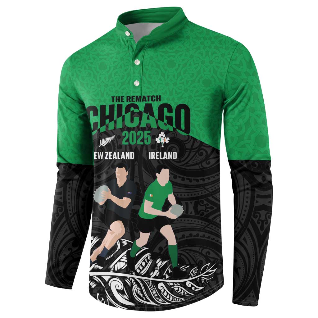 New Zealand and Ireland Rugby Custom Button Sweatshirt Chicago 2025 Go All Black Shamrocks - Polynesian Pride