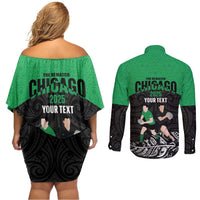 New Zealand and Ireland Rugby Custom Couples Matching Off Shoulder Short Dress and Long Sleeve Button Shirt Chicago 2025 Go All Black Shamrocks - Polynesian Pride