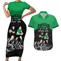 New Zealand and Ireland Rugby Custom Couples Matching Short Sleeve Bodycon Dress and Hawaiian Shirt Chicago 2025 Go All Black Shamrocks - Polynesian Pride