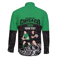 New Zealand and Ireland Rugby Custom Family Matching Long Sleeve Bodycon Dress and Hawaiian Shirt Chicago 2025 Go All Black Shamrocks - Polynesian Pride