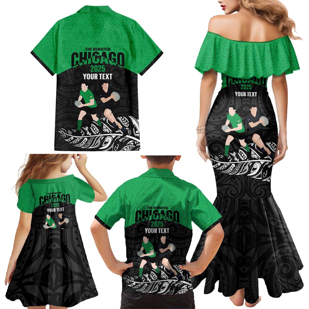 New Zealand and Ireland Rugby Custom Family Matching Mermaid Dress and Hawaiian Shirt Chicago 2025 Go All Black Shamrocks - Polynesian Pride