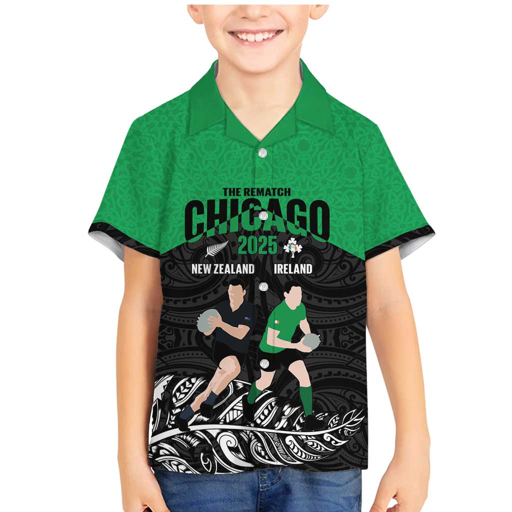 New Zealand and Ireland Rugby Custom Family Matching Mermaid Dress and Hawaiian Shirt Chicago 2025 Go All Black Shamrocks - Polynesian Pride