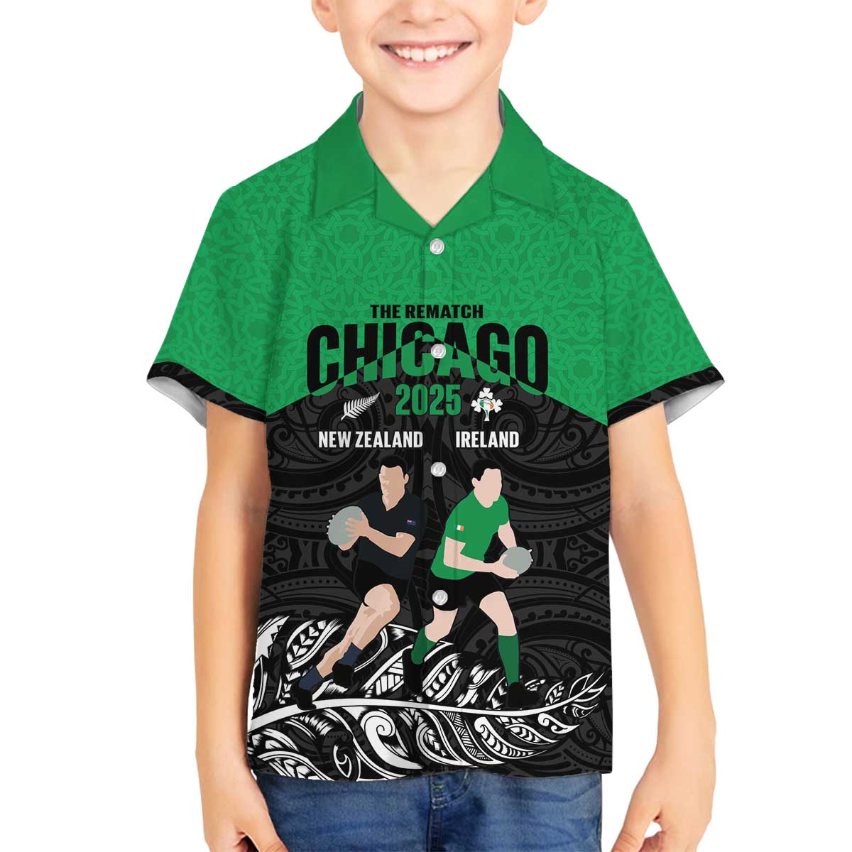 New Zealand and Ireland Rugby Custom Family Matching Off The Shoulder Long Sleeve Dress and Hawaiian Shirt Chicago 2025 Go All Black Shamrocks - Polynesian Pride