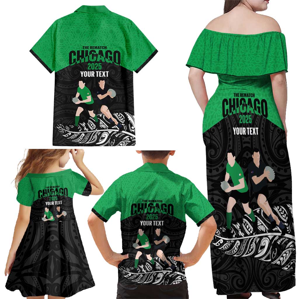 New Zealand and Ireland Rugby Custom Family Matching Off Shoulder Maxi Dress and Hawaiian Shirt Chicago 2025 Go All Black Shamrocks - Polynesian Pride