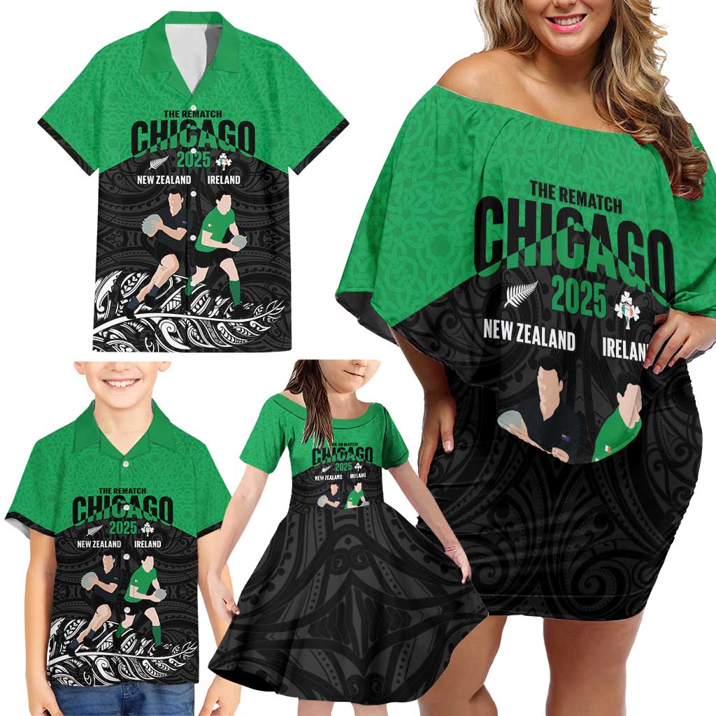 New Zealand and Ireland Rugby Custom Family Matching Off Shoulder Short Dress and Hawaiian Shirt Chicago 2025 Go All Black Shamrocks - Polynesian Pride