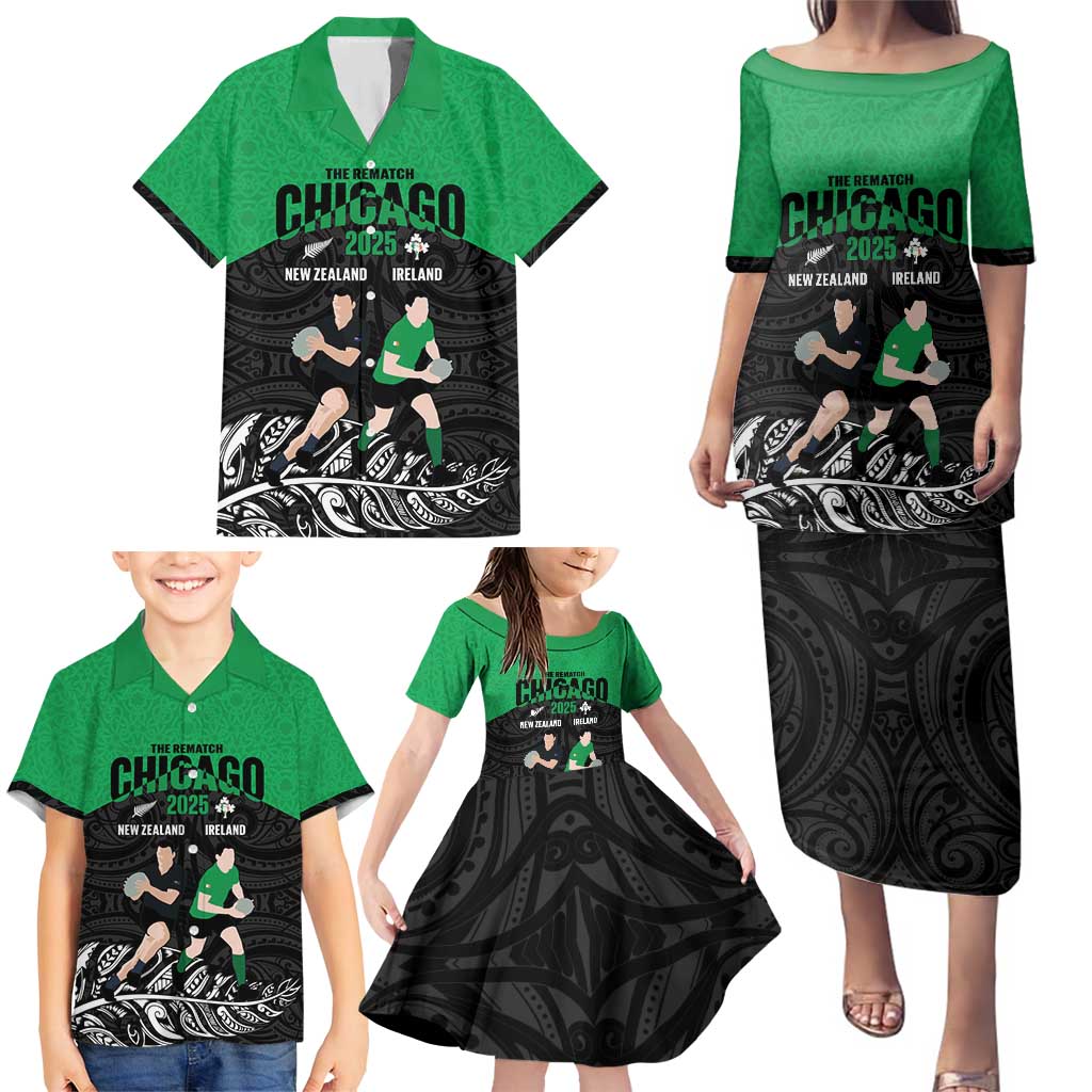 New Zealand and Ireland Rugby Custom Family Matching Puletasi and Hawaiian Shirt Chicago 2025 Go All Black Shamrocks - Polynesian Pride
