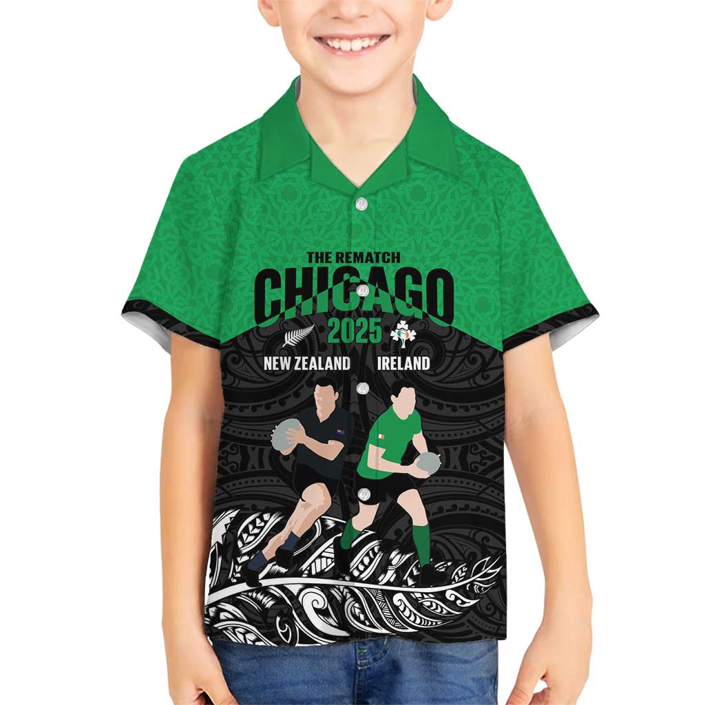 New Zealand and Ireland Rugby Custom Family Matching Puletasi and Hawaiian Shirt Chicago 2025 Go All Black Shamrocks - Polynesian Pride