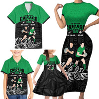 New Zealand and Ireland Rugby Custom Family Matching Short Sleeve Bodycon Dress and Hawaiian Shirt Chicago 2025 Go All Black Shamrocks - Polynesian Pride