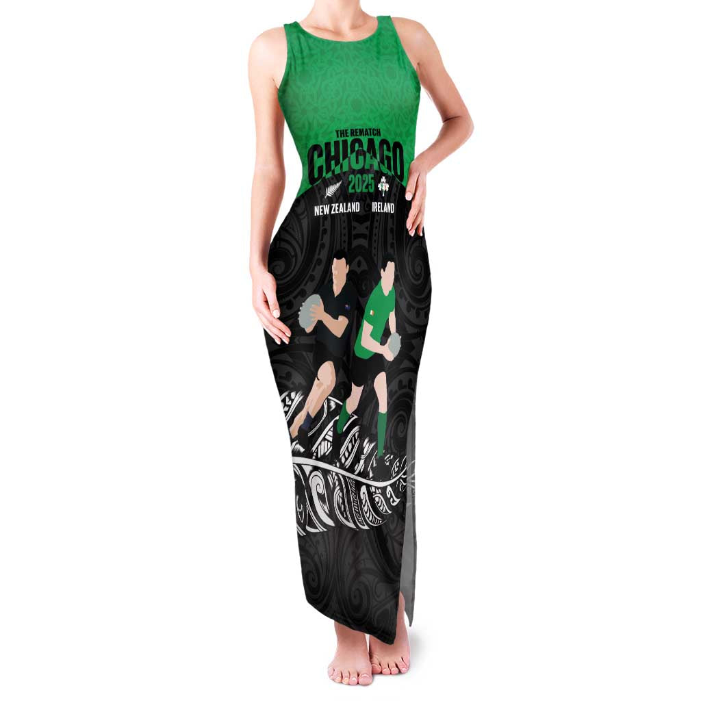 New Zealand and Ireland Rugby Custom Family Matching Tank Maxi Dress and Hawaiian Shirt Chicago 2025 Go All Black Shamrocks - Polynesian Pride