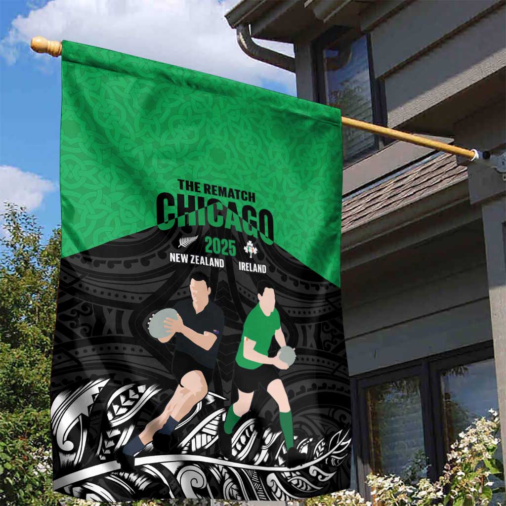 New Zealand and Ireland Rugby Garden Flag Chicago 2025 Go All Black Shamrocks - Polynesian Pride