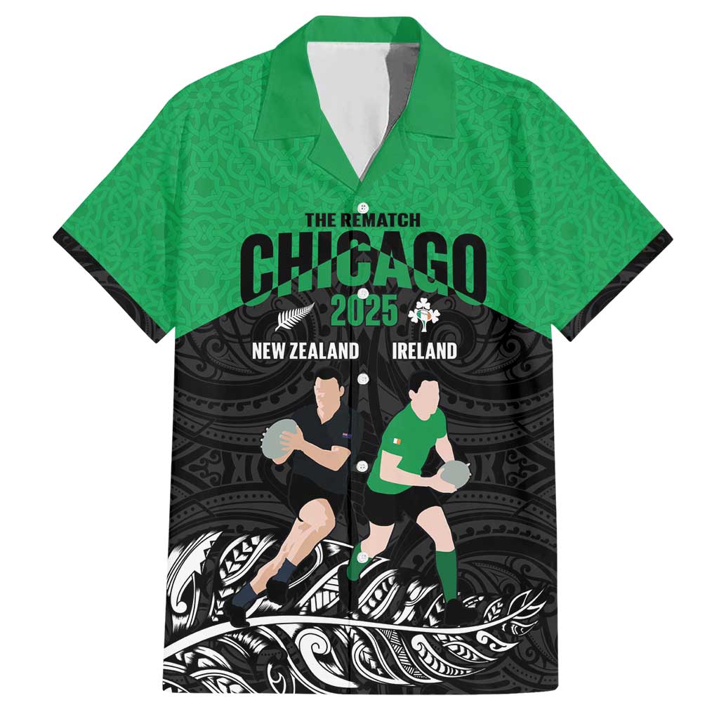 New Zealand and Ireland Rugby Custom Hawaiian Shirt Chicago 2025 Go All Black Shamrocks - Polynesian Pride