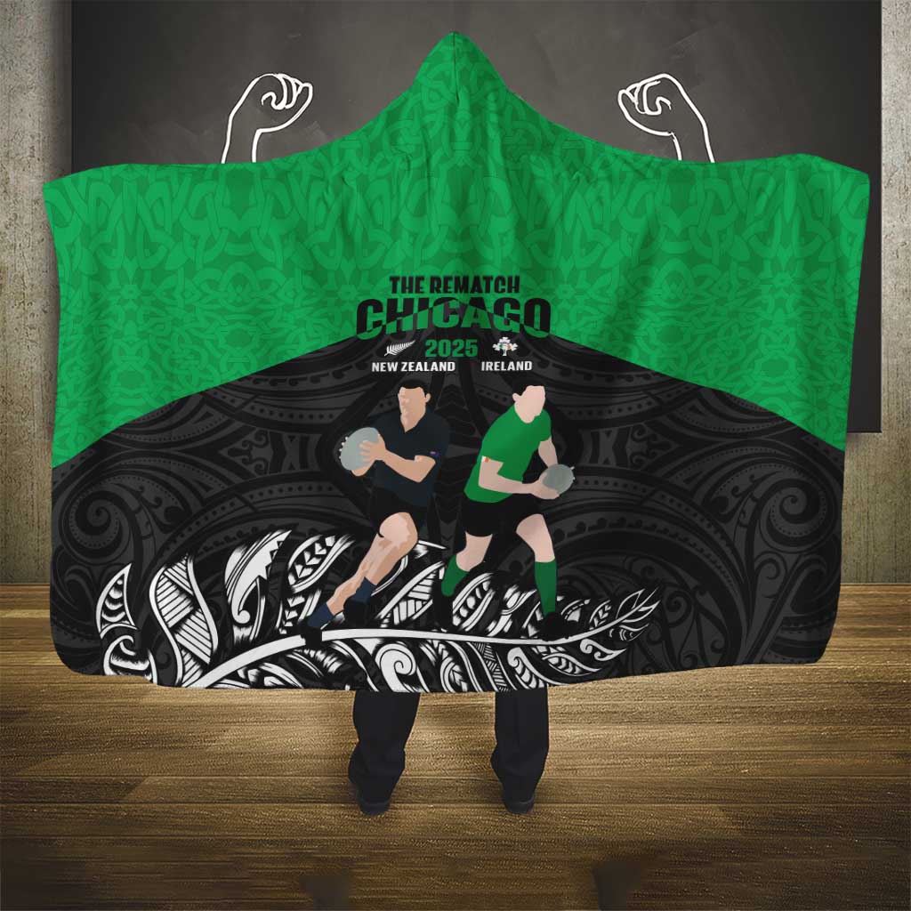 New Zealand and Ireland Rugby Hooded Blanket Chicago 2025 Go All Black Shamrocks LT14 - Polynesian Pride