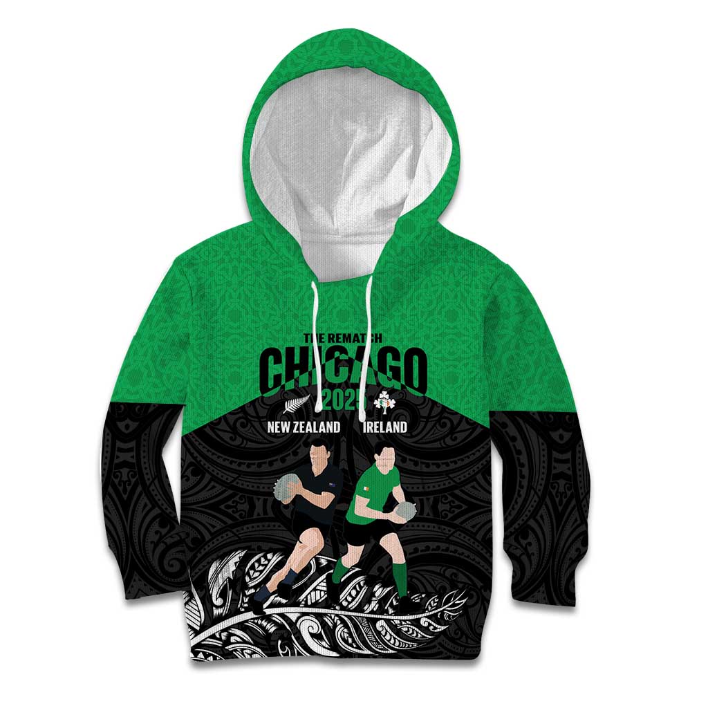 New Zealand and Ireland Rugby Custom Kid Hoodie Chicago 2025 Go All Black Shamrocks - Polynesian Pride