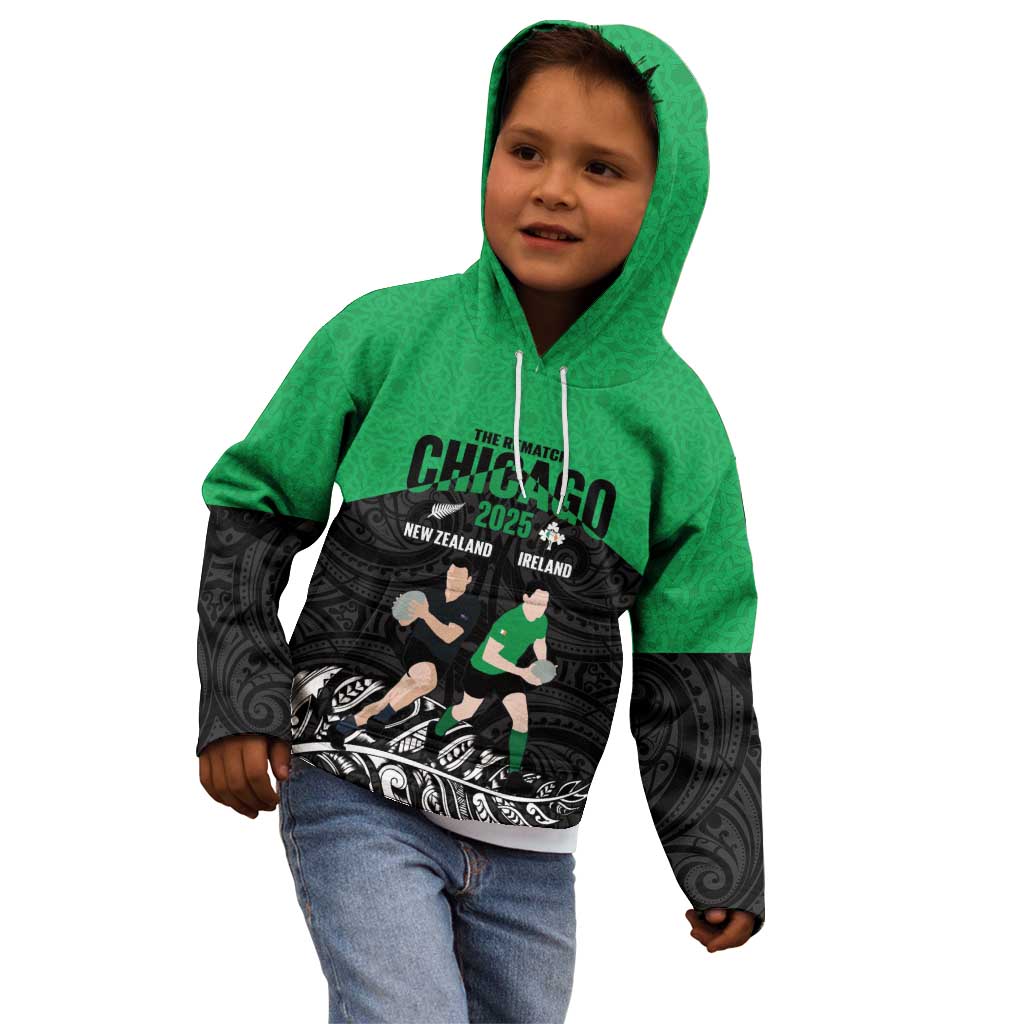 New Zealand and Ireland Rugby Custom Kid Hoodie Chicago 2025 Go All Black Shamrocks - Polynesian Pride