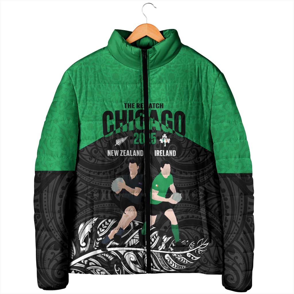 New Zealand and Ireland Rugby Custom Padded Jacket Chicago 2025 Go All Black Shamrocks - Polynesian Pride