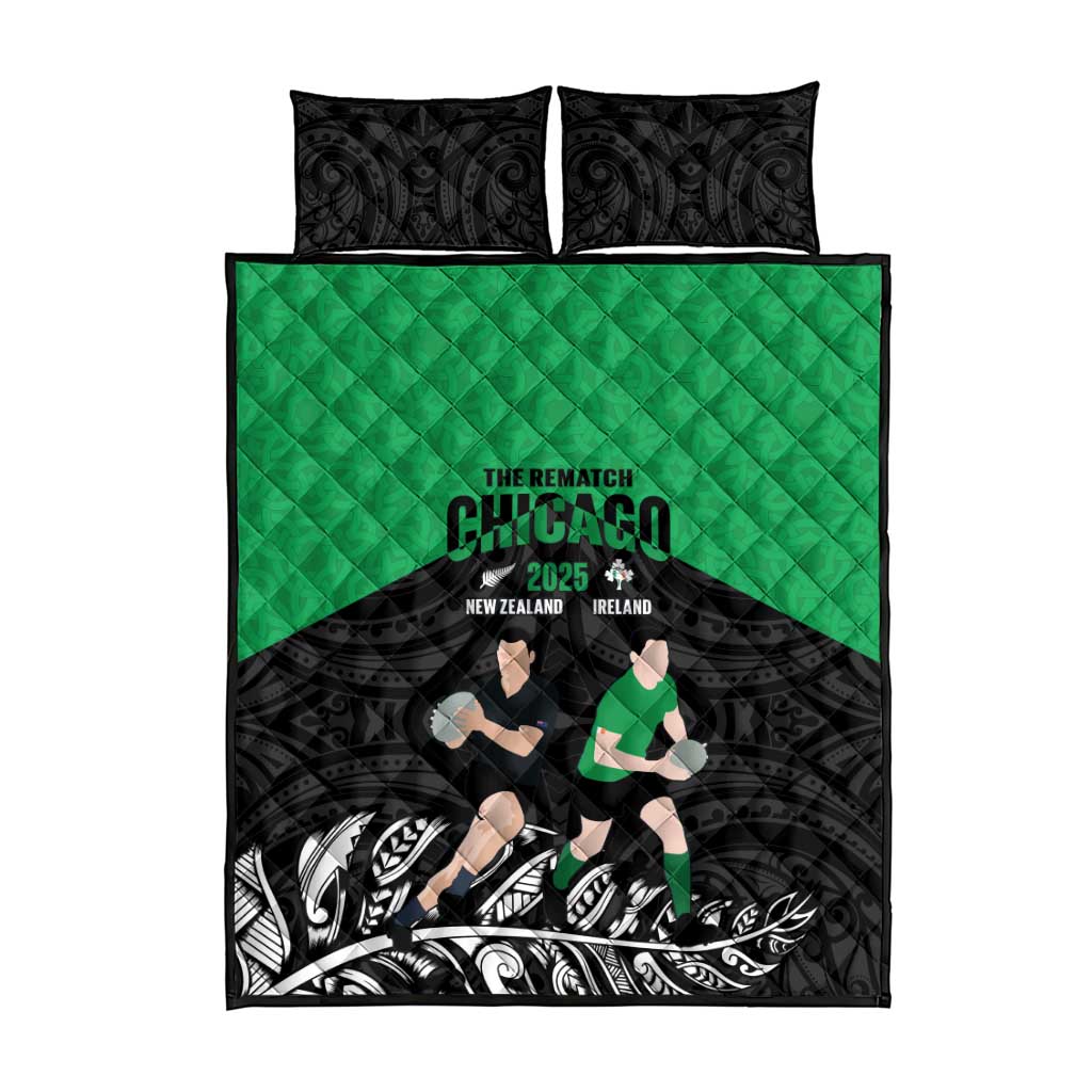 New Zealand and Ireland Rugby Quilt Bed Set Chicago 2025 Go All Black Shamrocks - Polynesian Pride