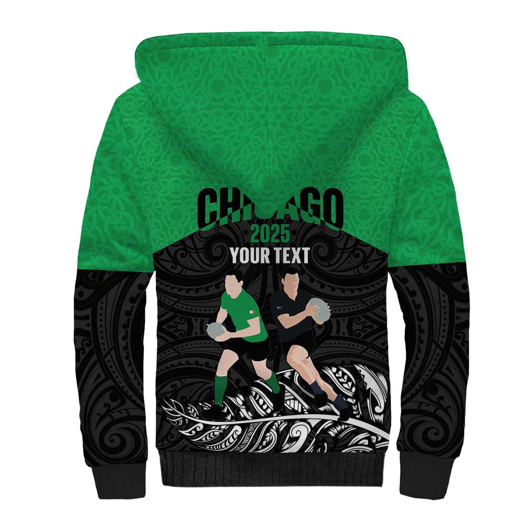 New Zealand and Ireland Rugby Custom Sherpa Hoodie Chicago 2025 Go All Black Shamrocks - Polynesian Pride