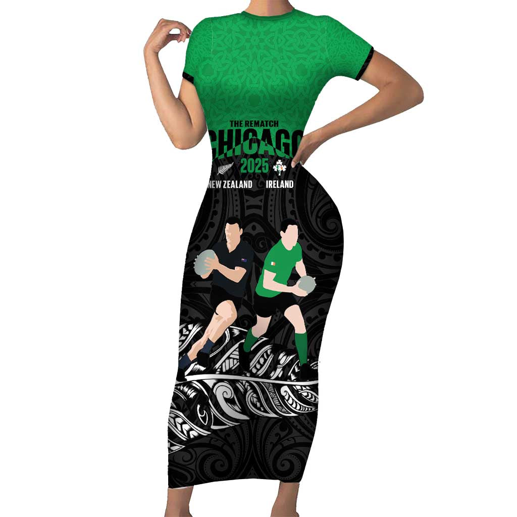 New Zealand and Ireland Rugby Custom Short Sleeve Bodycon Dress Chicago 2025 Go All Black Shamrocks LT14 Long Dress Black - Polynesian Pride