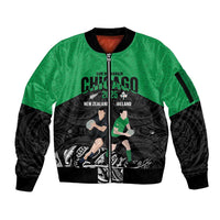 New Zealand and Ireland Rugby Custom Sleeve Zip Bomber Jacket Chicago 2025 Go All Black Shamrocks LT14 Unisex Black - Polynesian Pride