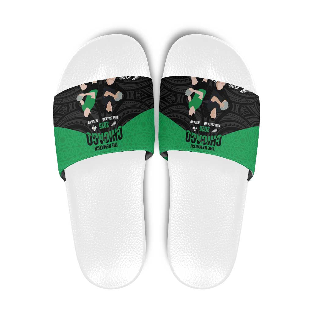 New Zealand and Ireland Rugby Slide Sandals Chicago 2025 Go All Black Shamrocks LT14 Black - Polynesian Pride