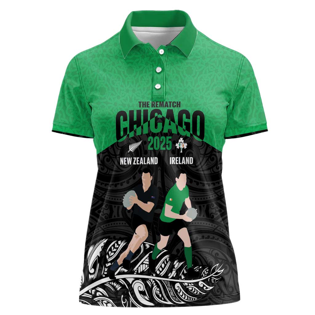New Zealand and Ireland Rugby Custom Women Polo Shirt Chicago 2025 Go All Black Shamrocks LT14 Female Black - Polynesian Pride