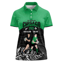 New Zealand and Ireland Rugby Custom Women Polo Shirt Chicago 2025 Go All Black Shamrocks LT14 Female Black - Polynesian Pride