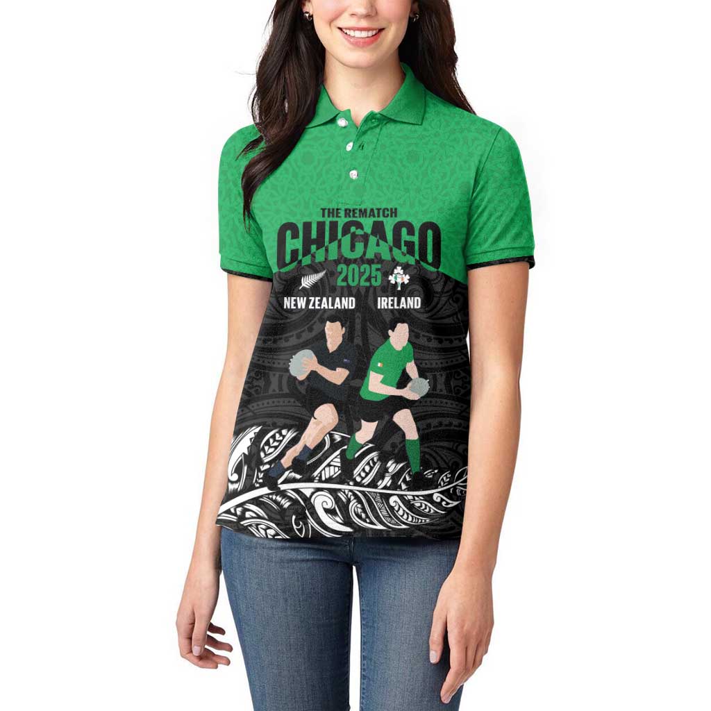 New Zealand and Ireland Rugby Custom Women Polo Shirt Chicago 2025 Go All Black Shamrocks LT14 - Polynesian Pride