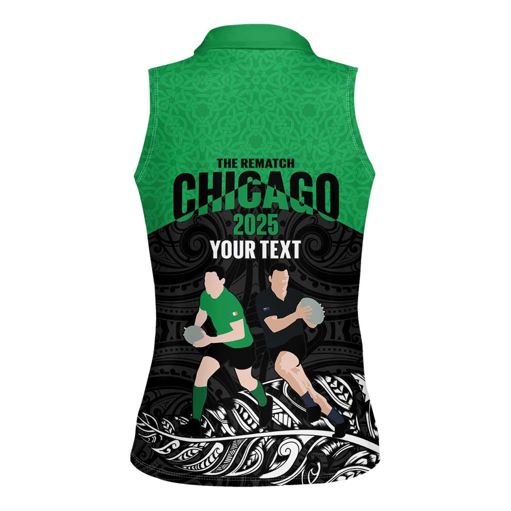 New Zealand and Ireland Rugby Custom Women Sleeveless Polo Shirt Chicago 2025 Go All Black Shamrocks LT14 - Polynesian Pride
