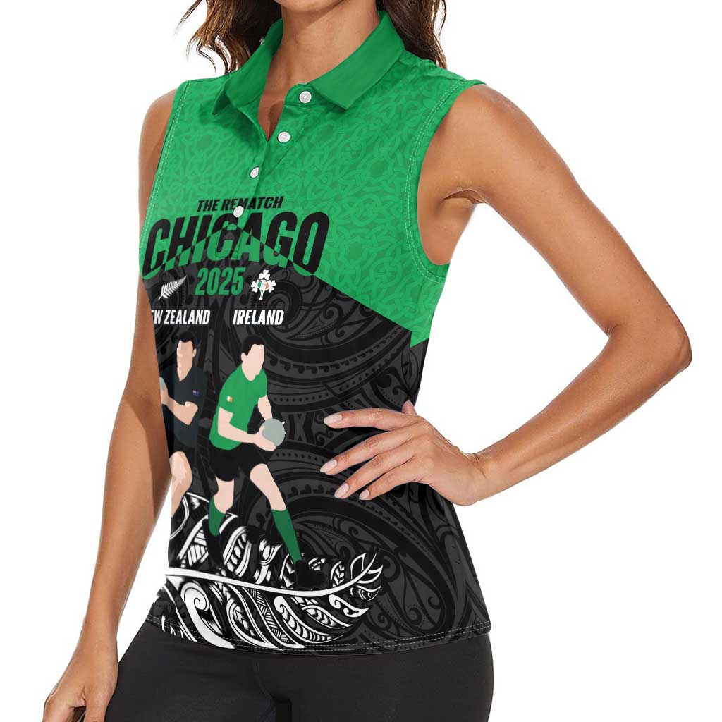New Zealand and Ireland Rugby Custom Women Sleeveless Polo Shirt Chicago 2025 Go All Black Shamrocks LT14 - Polynesian Pride