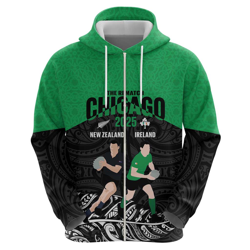 New Zealand and Ireland Rugby Custom Zip Hoodie Chicago 2025 Go All Black Shamrocks - Polynesian Pride
