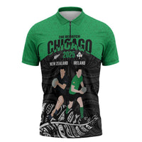 New Zealand and Ireland Rugby Custom Zipper Polo Shirt Chicago 2025 Go All Black Shamrocks LT14 Black - Polynesian Pride