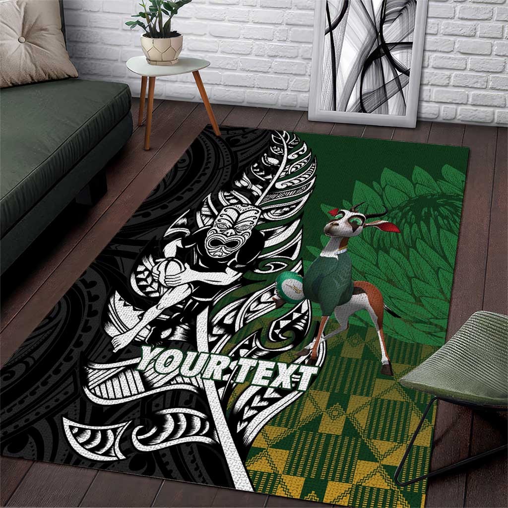New Zealand and South Africa Rugby Custom Area Rug Maori Tiki Fern Springboks Kente Pattern LT14 Green - Polynesian Pride