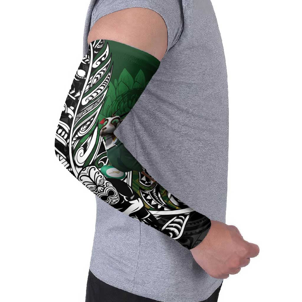 New Zealand and South Africa Rugby Custom Arm Sleeves Maori Tiki Fern Springboks Kente Pattern - Polynesian Pride