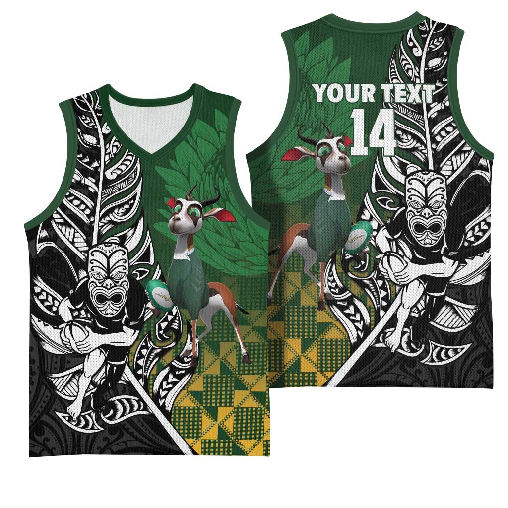 New Zealand and South Africa Rugby Custom Basketball Jersey Maori Tiki Fern Springboks Kente Pattern - Polynesian Pride