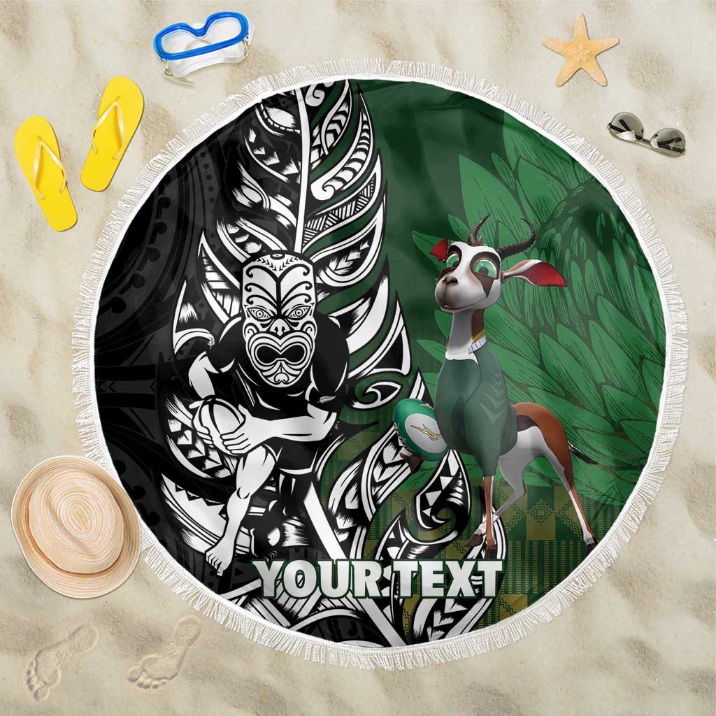 New Zealand and South Africa Rugby Custom Beach Blanket Maori Tiki Fern Springboks Kente Pattern LT14 One Size 150cm Green - Polynesian Pride