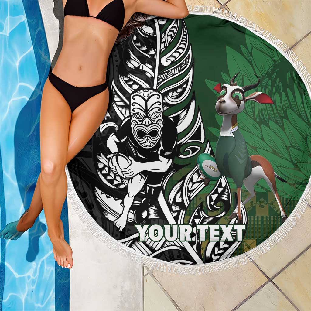 New Zealand and South Africa Rugby Custom Beach Blanket Maori Tiki Fern Springboks Kente Pattern LT14 - Polynesian Pride