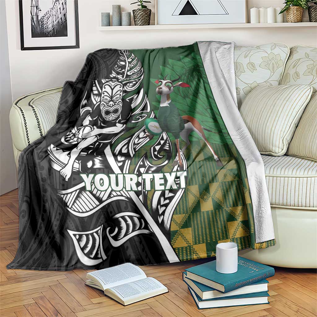 New Zealand and South Africa Rugby Custom Blanket Maori Tiki Fern Springboks Kente Pattern - Polynesian Pride