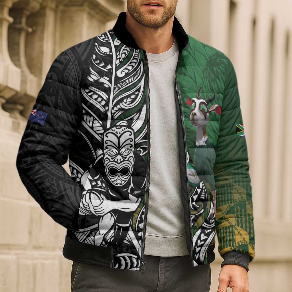 New Zealand and South Africa Rugby Custom Bomber Puffer Jacket Maori Tiki Fern Springboks Kente Pattern - Polynesian Pride