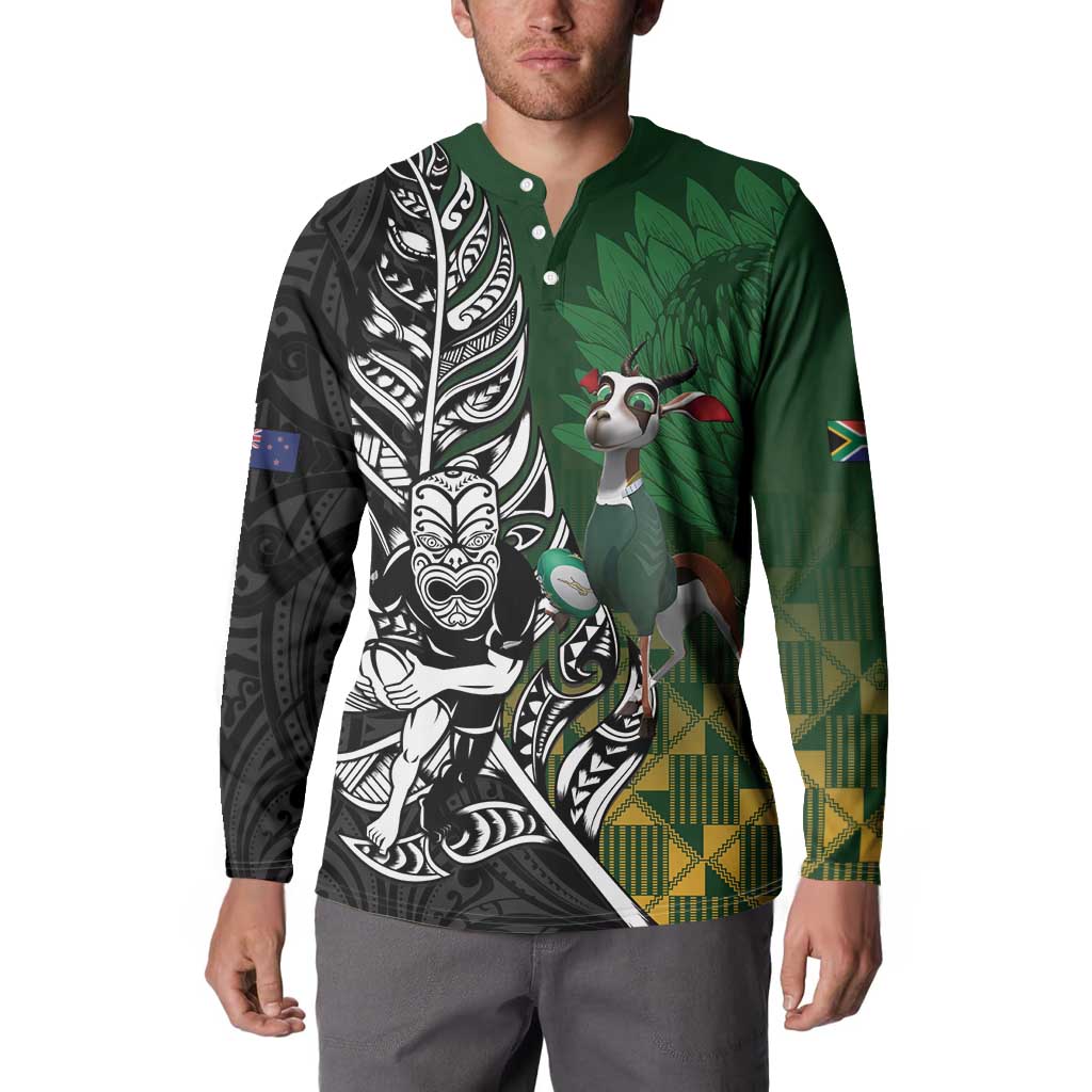 New Zealand and South Africa Rugby Custom Button Sweatshirt Maori Tiki Fern Springboks Kente Pattern - Polynesian Pride
