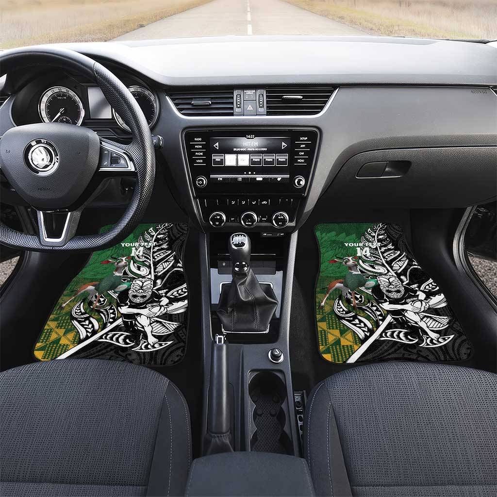New Zealand and South Africa Rugby Custom Car Mats Maori Tiki Fern Springboks Kente Pattern LT14 Set 2pcs - Front Green - Polynesian Pride