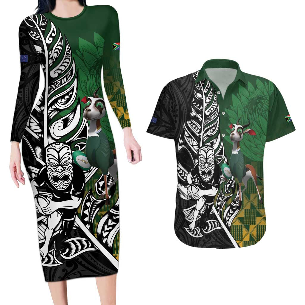 New Zealand and South Africa Rugby Custom Couples Matching Long Sleeve Bodycon Dress and Hawaiian Shirt Maori Tiki Fern Springboks Kente Pattern - Polynesian Pride