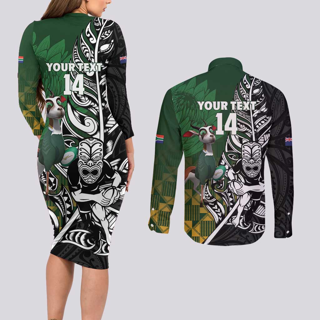 New Zealand and South Africa Rugby Custom Couples Matching Long Sleeve Bodycon Dress and Long Sleeve Button Shirt Maori Tiki Fern Springboks Kente Pattern - Polynesian Pride