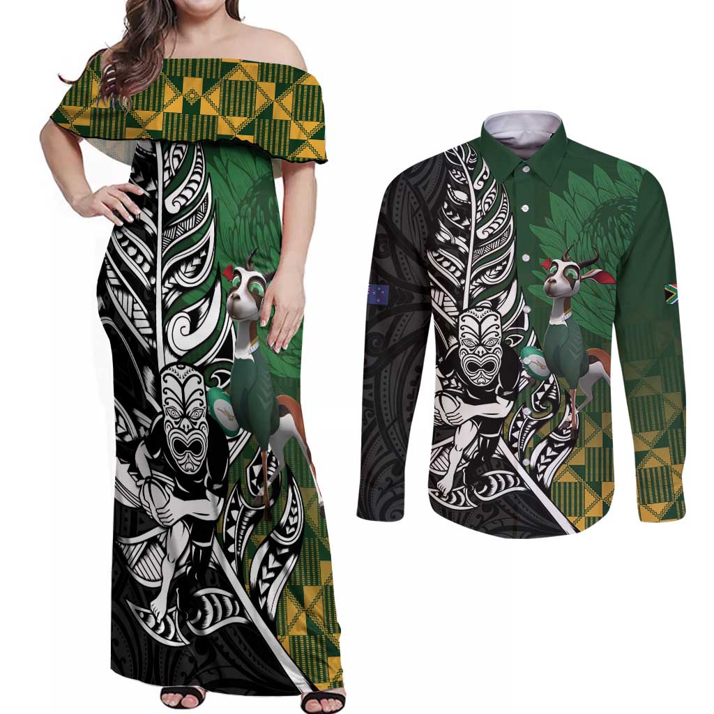 New Zealand and South Africa Rugby Custom Couples Matching Off Shoulder Maxi Dress and Long Sleeve Button Shirt Maori Tiki Fern Springboks Kente Pattern LT14 Green - Polynesian Pride