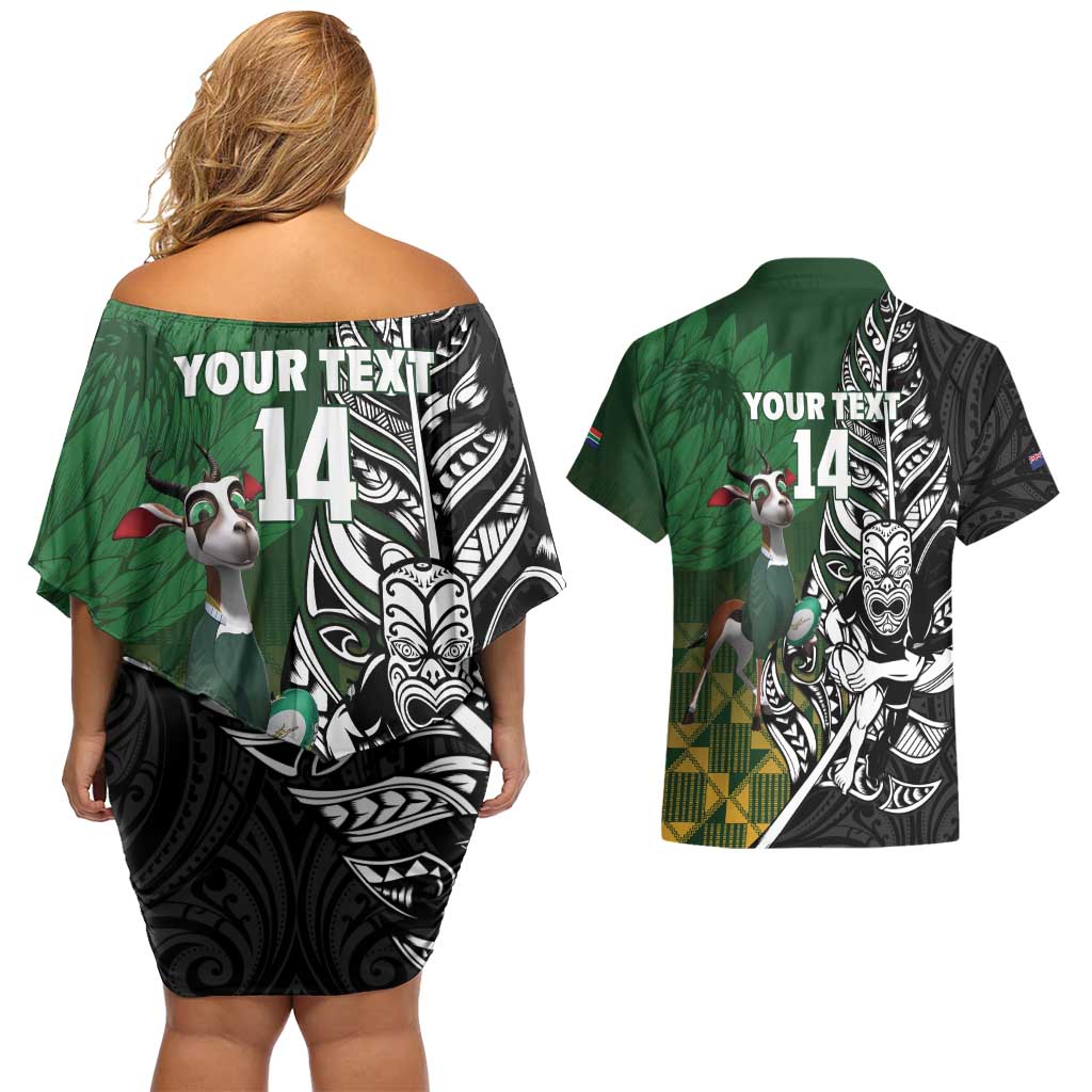 New Zealand and South Africa Rugby Custom Couples Matching Off Shoulder Short Dress and Hawaiian Shirt Maori Tiki Fern Springboks Kente Pattern - Polynesian Pride